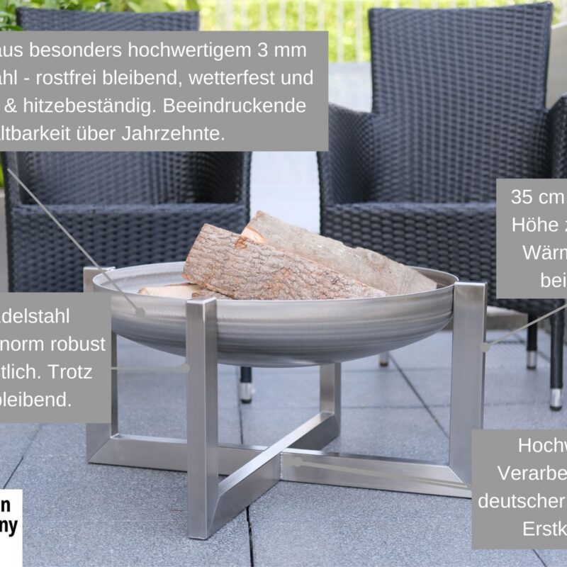 Designer Edelstahl Feuerschale "Exzentrik" mit Sitzgelegenheiten – Bild 11