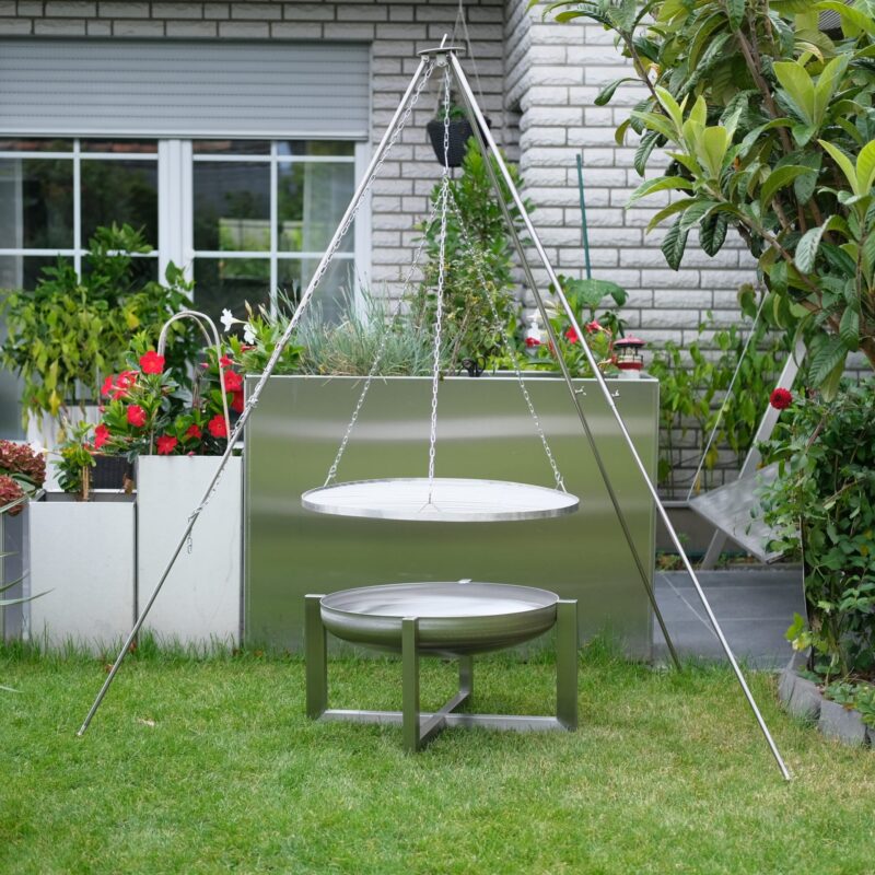 Designer Edelstahl Feuerschale "Exzentrik" mit Schwenkgrill